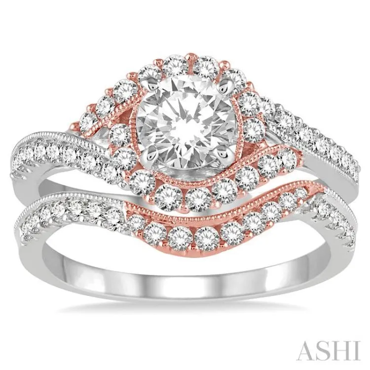 1 1/10 Ctw Diamond Bridal Set with 7/8 Ctw Round Cut Engagement Ring and 1/5 Ctw Wedding Band in 14k White and Rose Gold