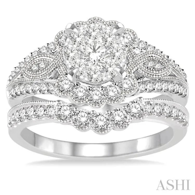 1 1/10 Ctw Diamond Lovebright Wedding Set with 3/4 Ctw Engagement Ring and 1/3 Ctw Wedding Band in 14K White Gold