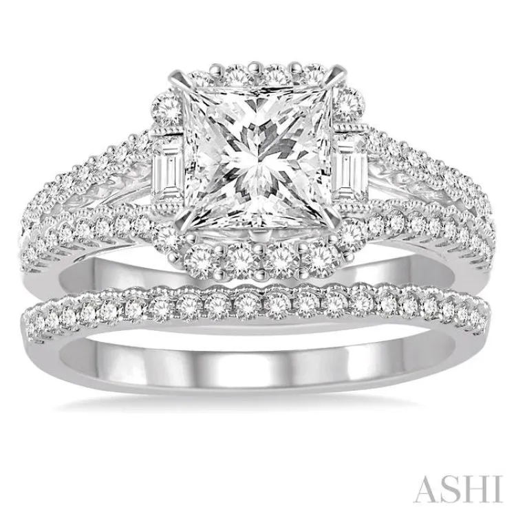 1 1/3 Ctw Diamond Bridal Set with 1 1/6 Ctw Princess Cut Engagement Ring and 1/6 Ctw Wedding Band in 14K White Gold