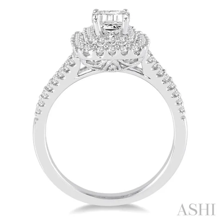 1 1/6 Ctw Diamond Engagement Ring with 1/2 Ct Octagon Shaped Center stone in 14K White Gold