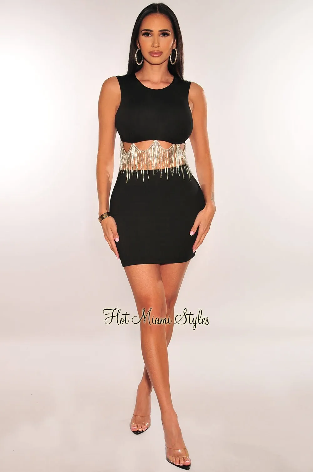 Black Sleeveless Rhinestone Fringe Mini Skirt Two Piece Set