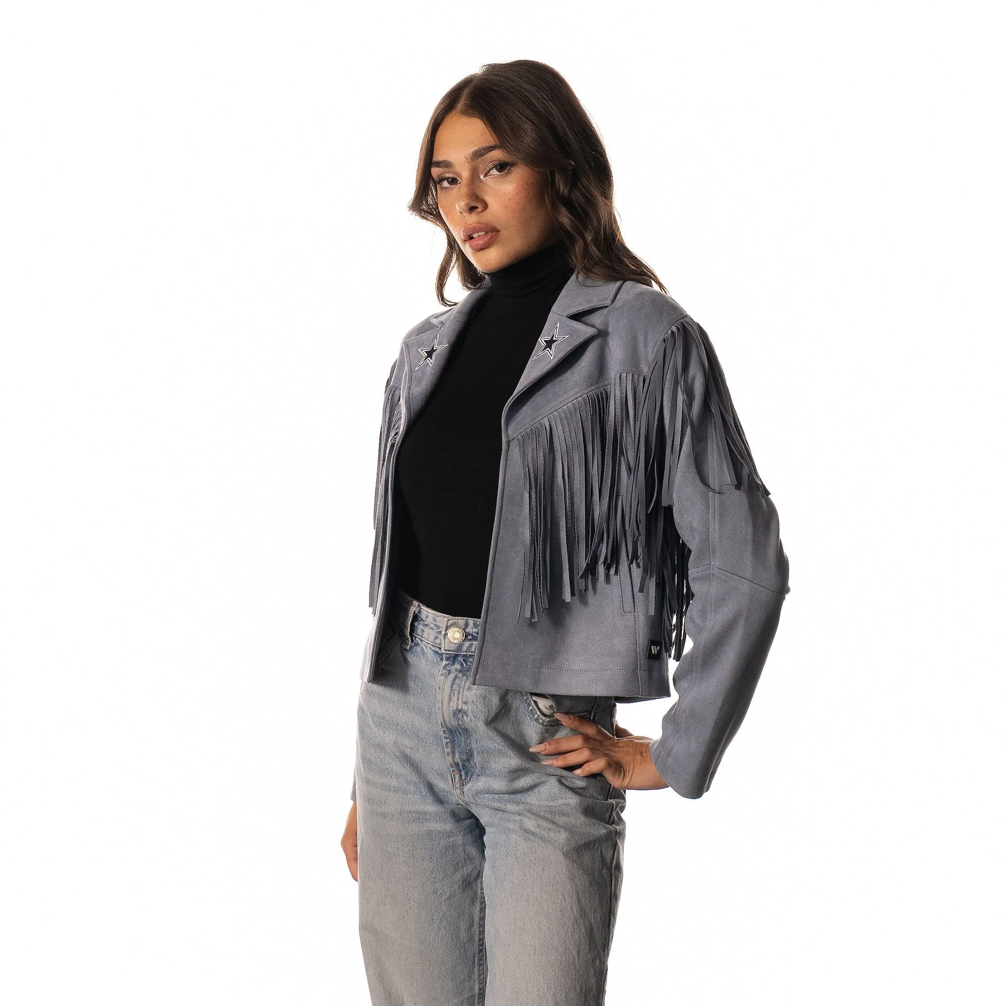 Dallas Cowboys Womens Suede Fringe Jacket - Light Blue