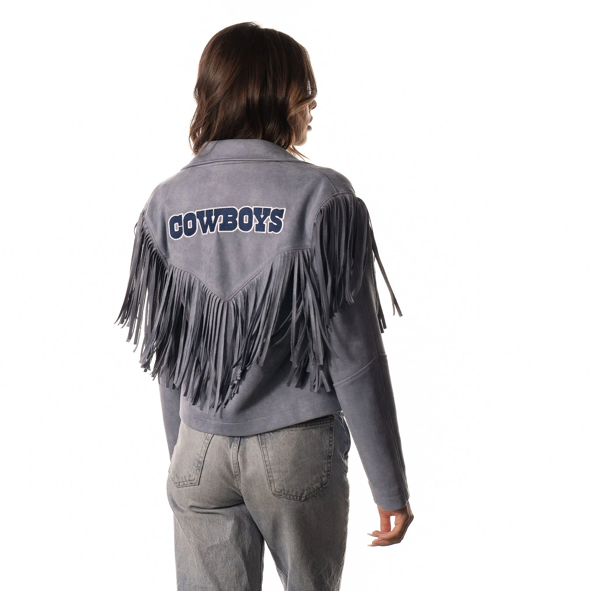 Dallas Cowboys Womens Suede Fringe Jacket - Light Blue