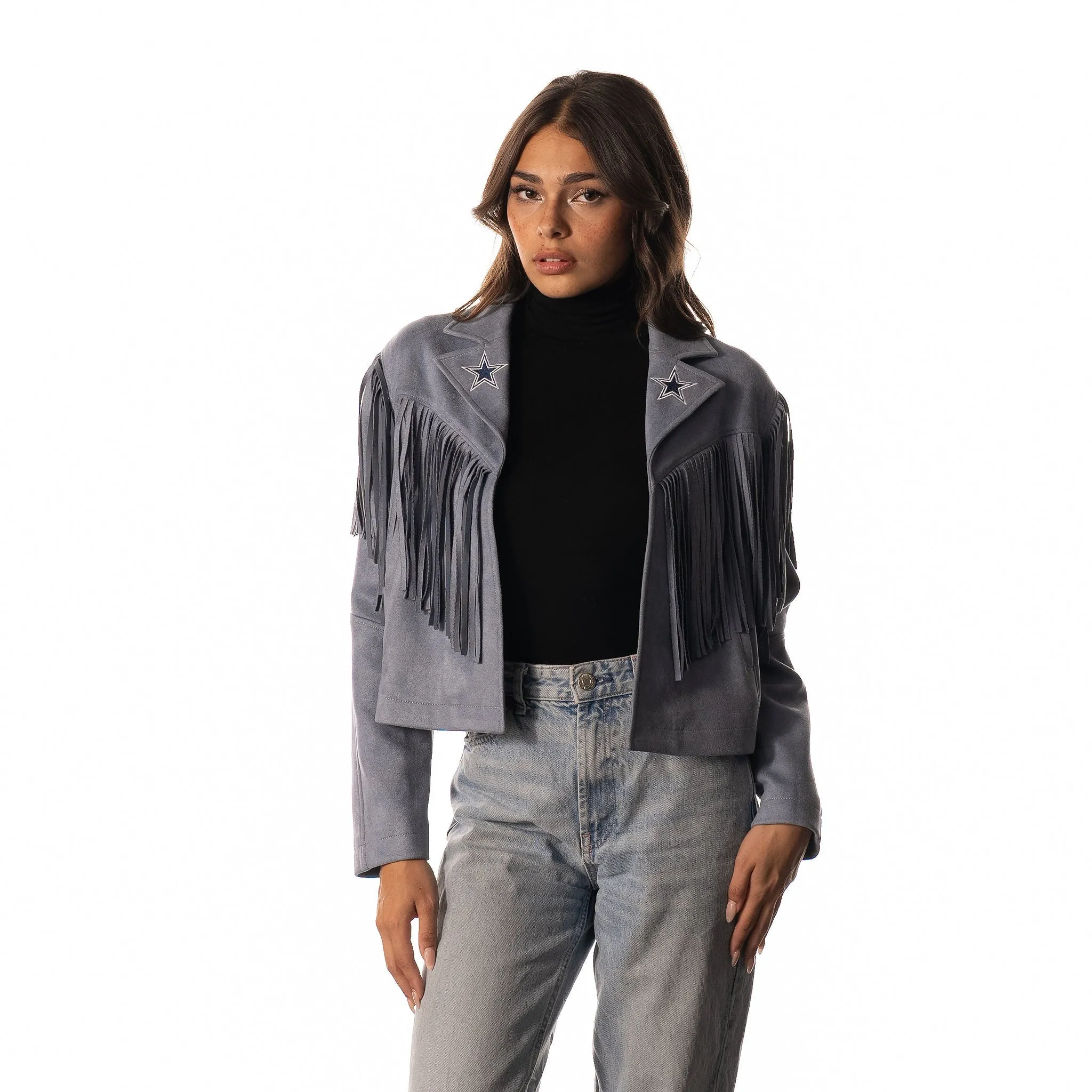 Dallas Cowboys Womens Suede Fringe Jacket - Light Blue