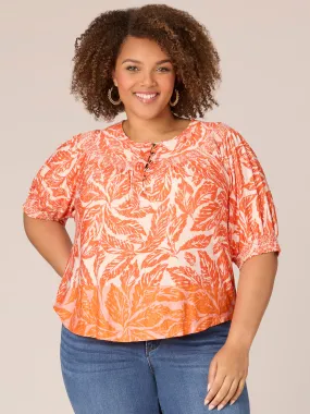 Elbow Blouson Sleeve Scoop Neck Leafy Print Plus Size Knit Top