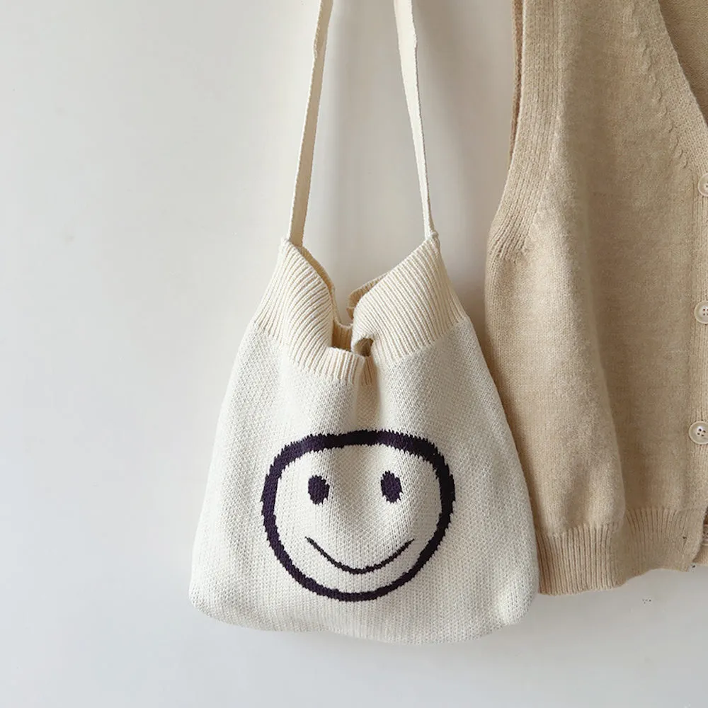 Elena Handbags Cotton Knitted Shoulder Bag with Smiley Face