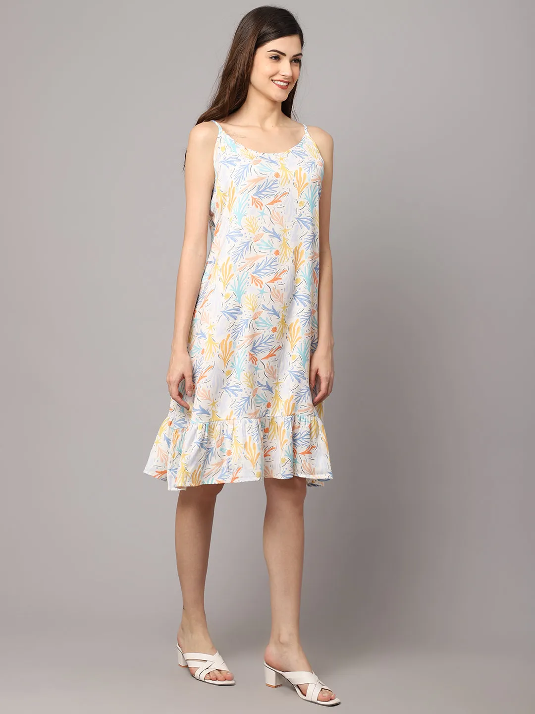 Leaf Print Short Frill Dress - Multicolor