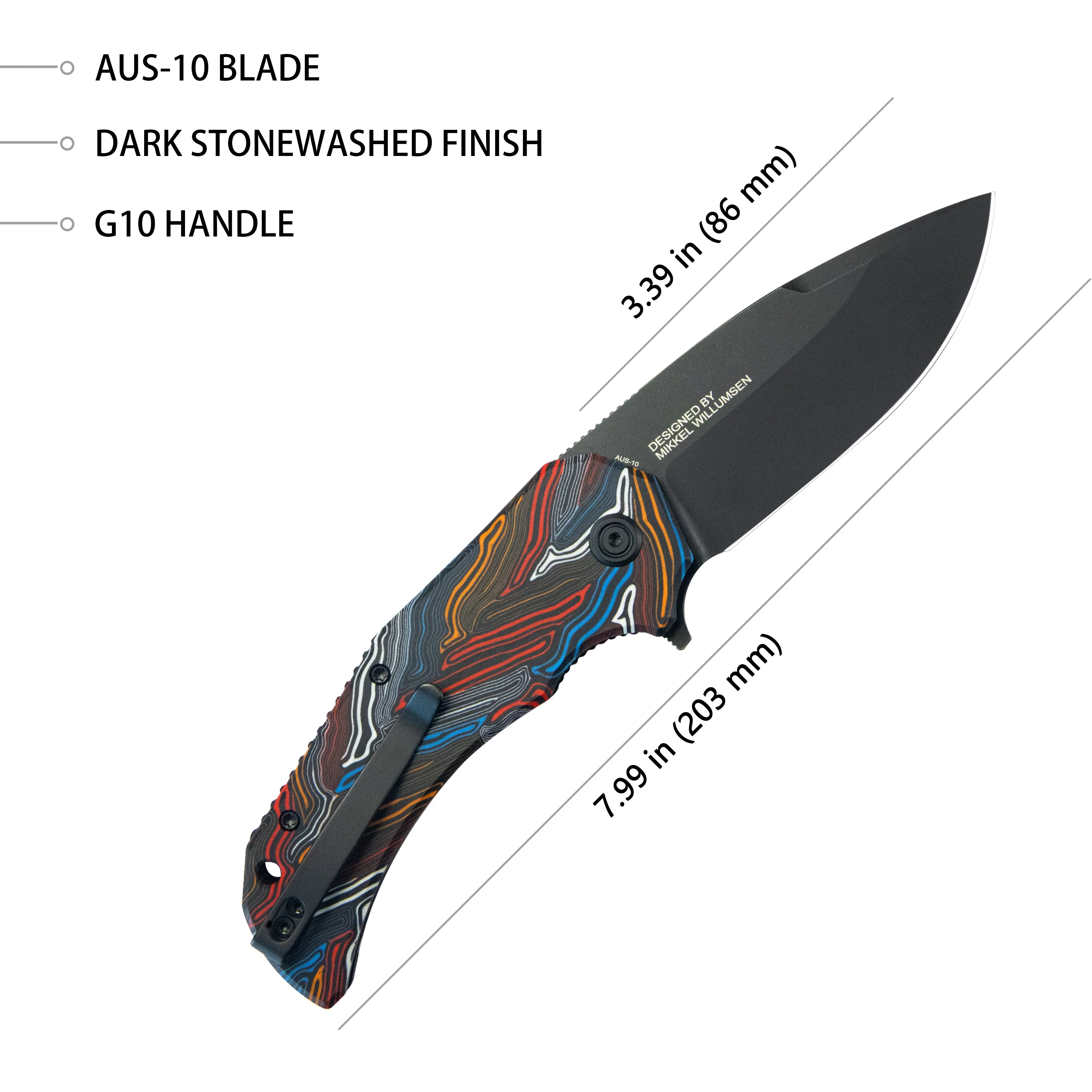 Mikkel Willumsen Design Bravo one Drop Point Outdoor Folding Camping Knife Damascus Pattern Colorful G10 Handle 3.39 Blackwash AUS-10 KU319F