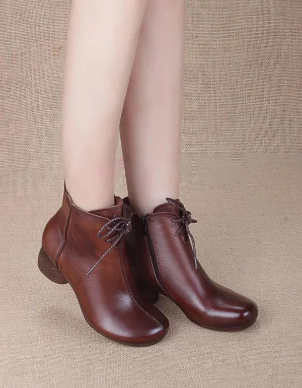 Spring Retro Leather Boots Chunky Heel